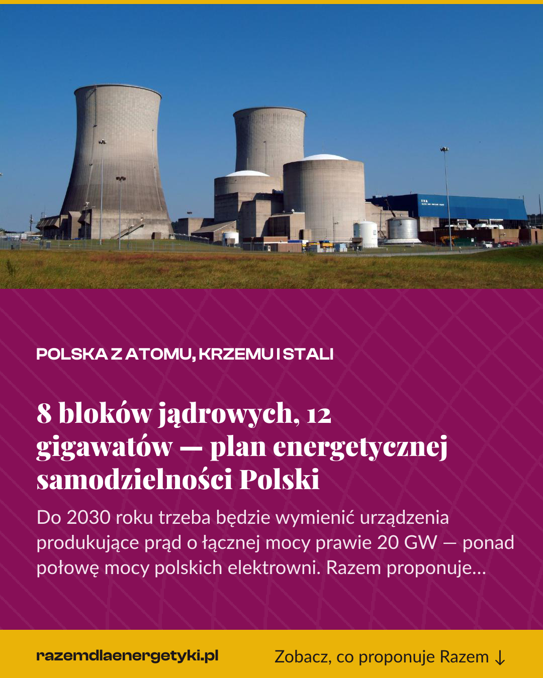 Grafika pionowa do udostępnienia: 8 bloków jądrowych, 12 gigawatów — plan energetycznej samodzielności Polski